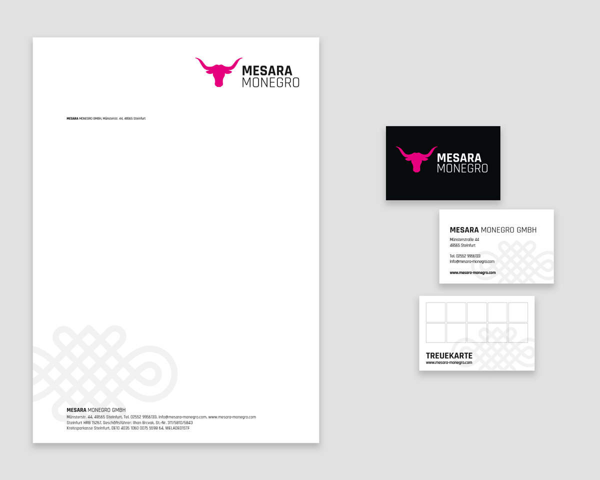 Übersicht der Designelement wie Briefbogen, Visitenkarte und Treuekarte
