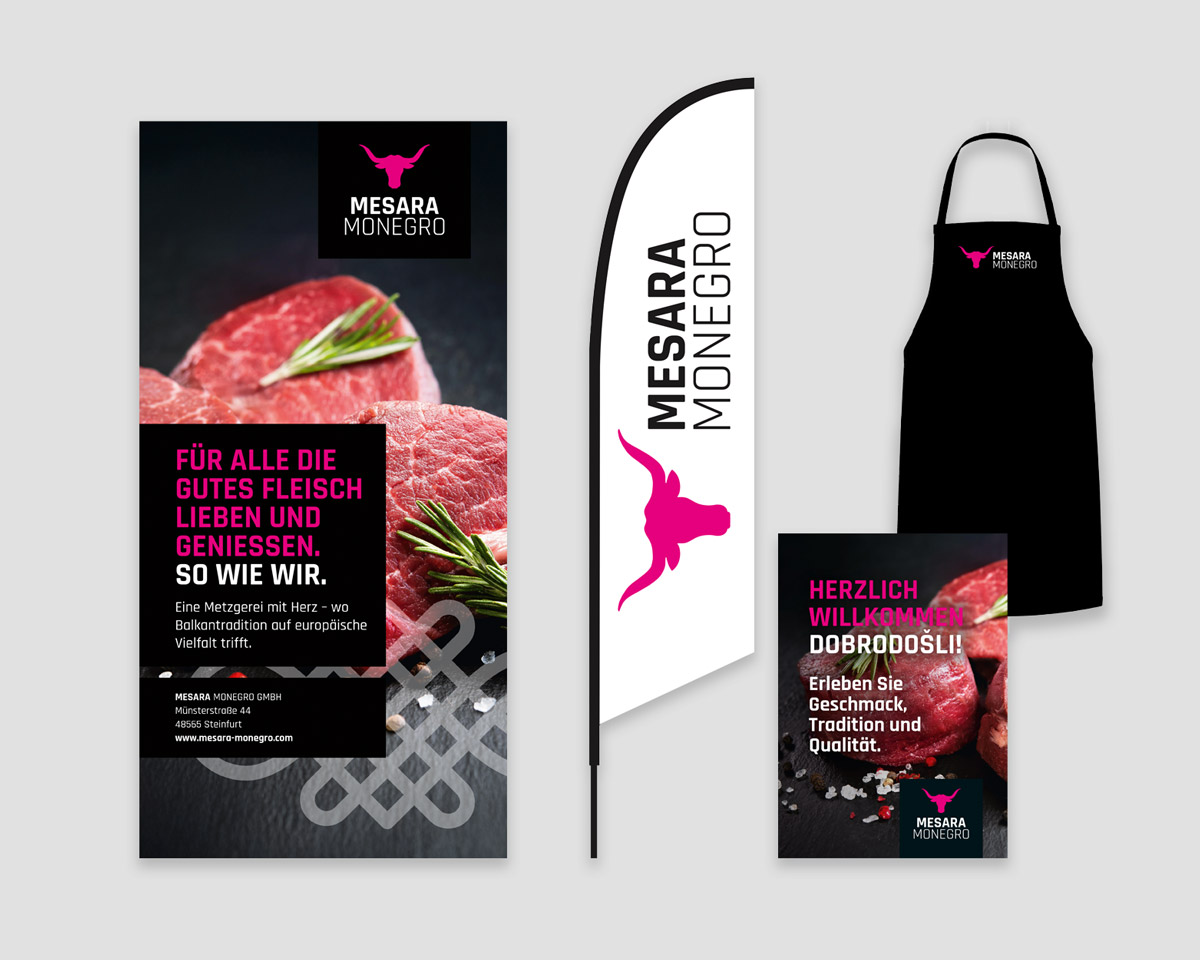 Übersicht der Designelement wie Roll-up, Beachflag, Plakat und Metzgerschürze